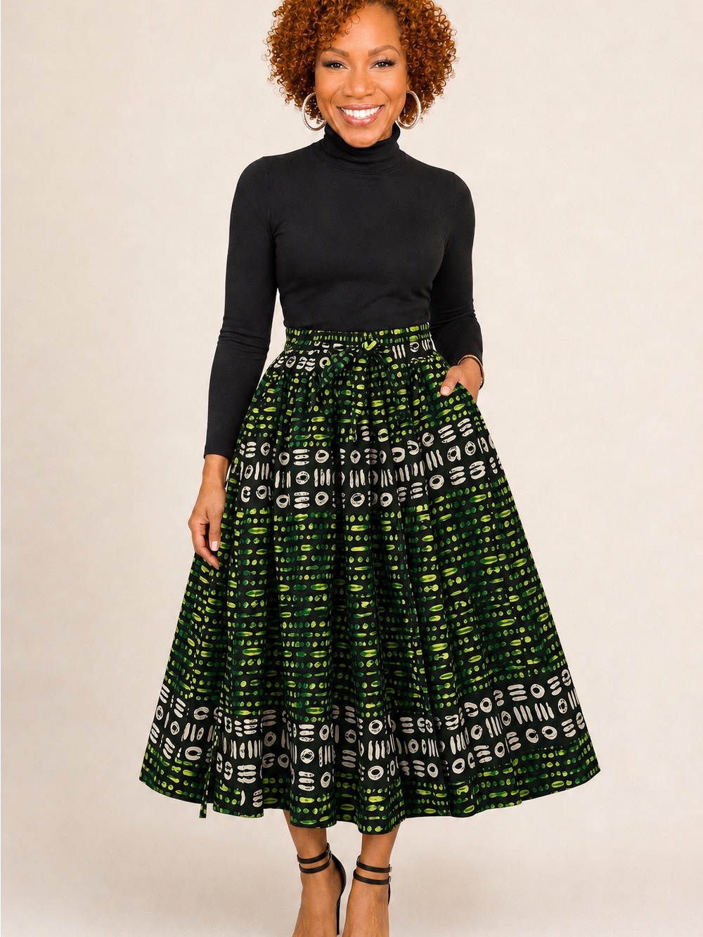 Green Patterned Midi Skirt with Full Silhouette - Ankara Skirt with Head Wrap